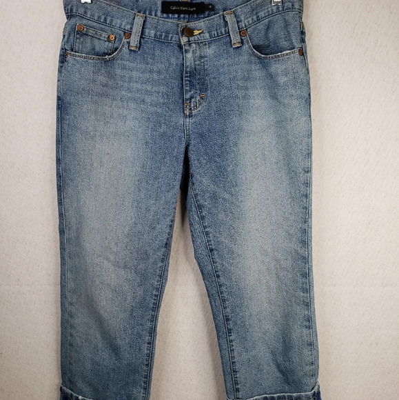 Calvin Klein Med/lite Wash Big Cuff Slight Stretch/Distress Blue Jean sz 33x24.5 - Picture 1 of 9